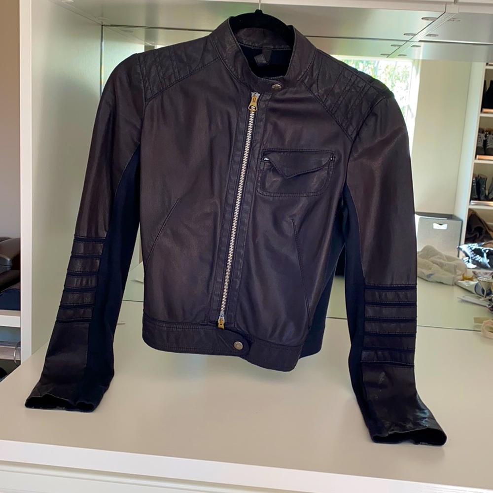 Navy leather bomber jacket.